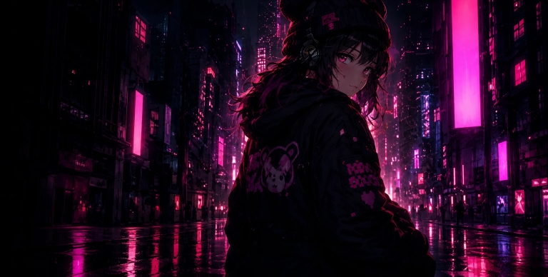 Kira en una ciudad nocturna de estética cyberpunk