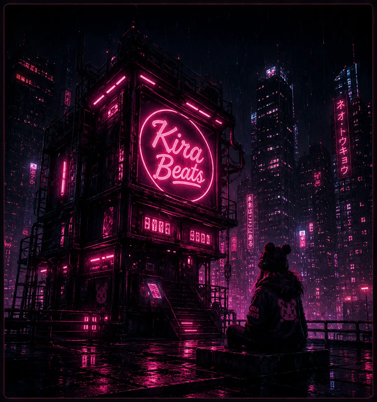 Universo visual nocturno de Kira Beats con su rótulo de neón