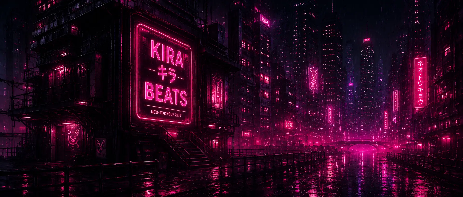 Paisaje urbano de neón que forma parte de la identidad de Kira Beats